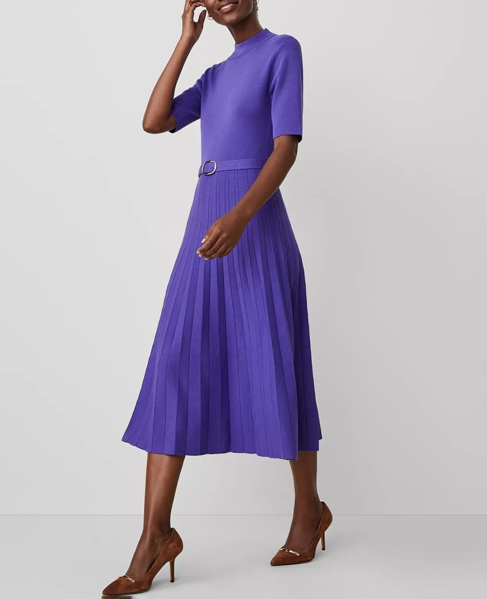 Mock Neck Belted Pleated Dress
