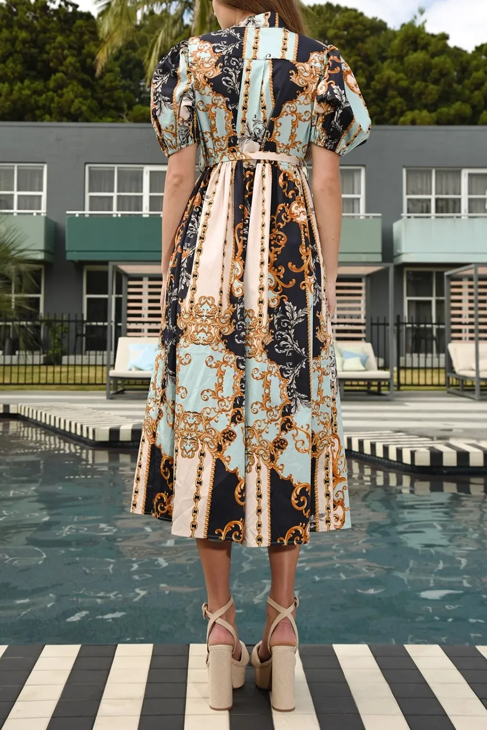 Lantern Sleeve Print Midi Dress