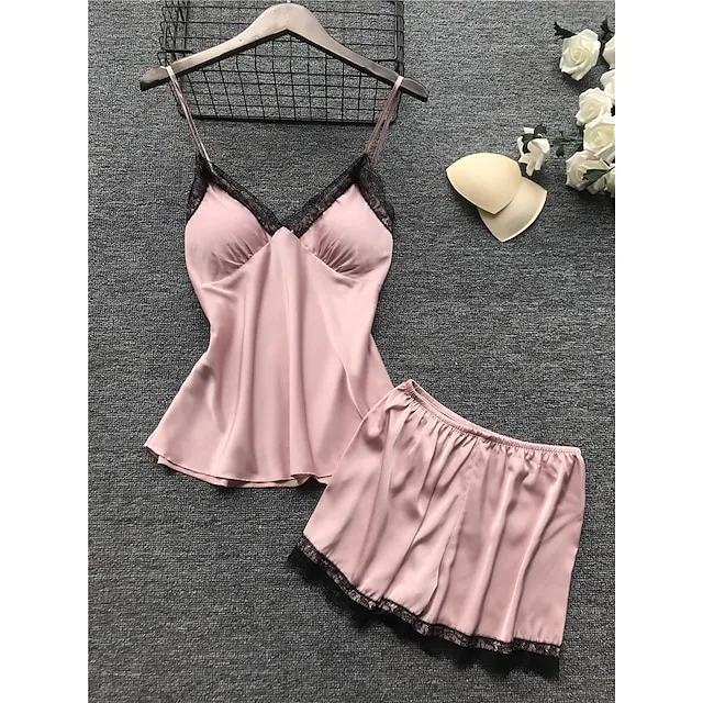 Women's Lace Satin Silk Pajamas Sets 4 Pcs Home Party Daily St.Patrick's Day Elastic Waist Pure Color Satin Simple Casual Soft Strap Top Shorts Fall Winter Spring Strap Short Sleeves Long Sleeve
