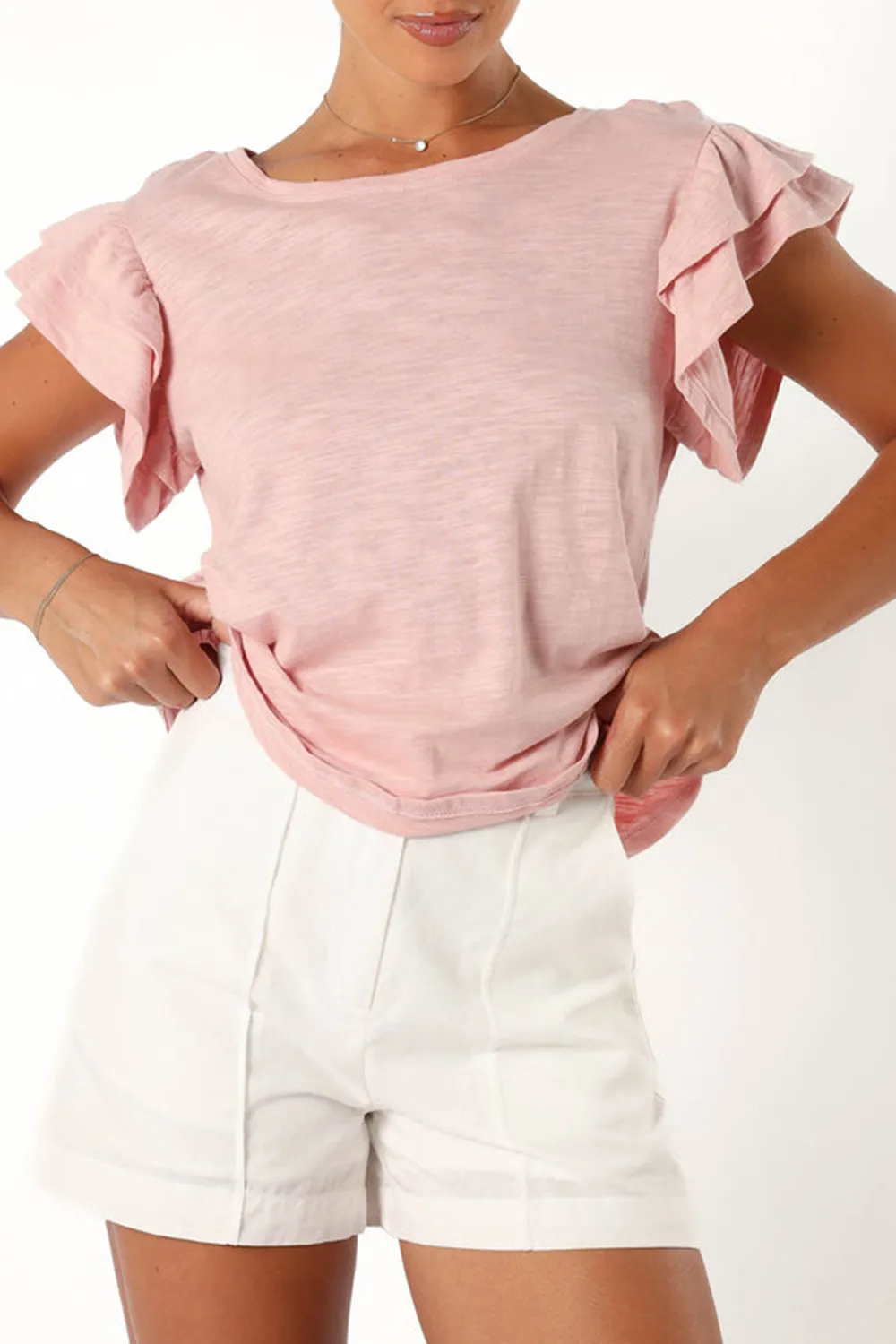 DUSTY PINK FRILL SLEEVE TEE