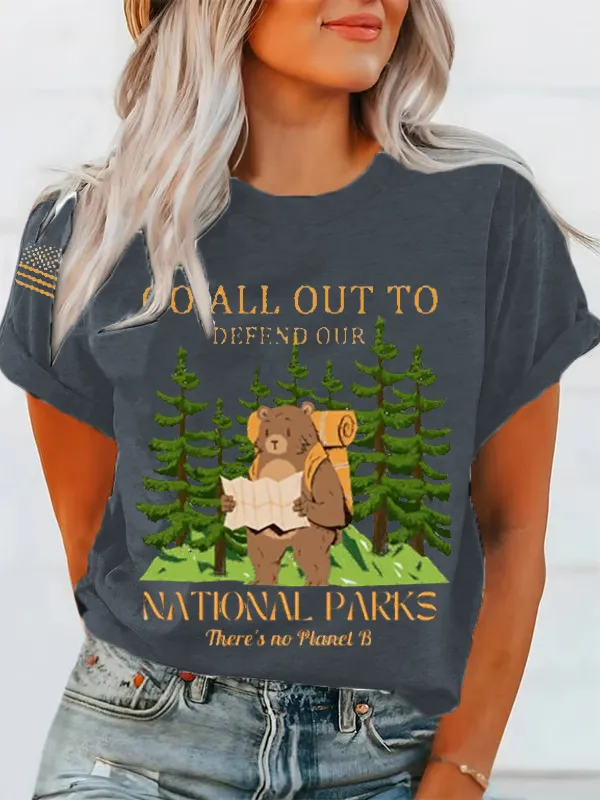T-Shirt Women Protect Our National Parks Print Crewneck T-Shirt Cartoon Art Print