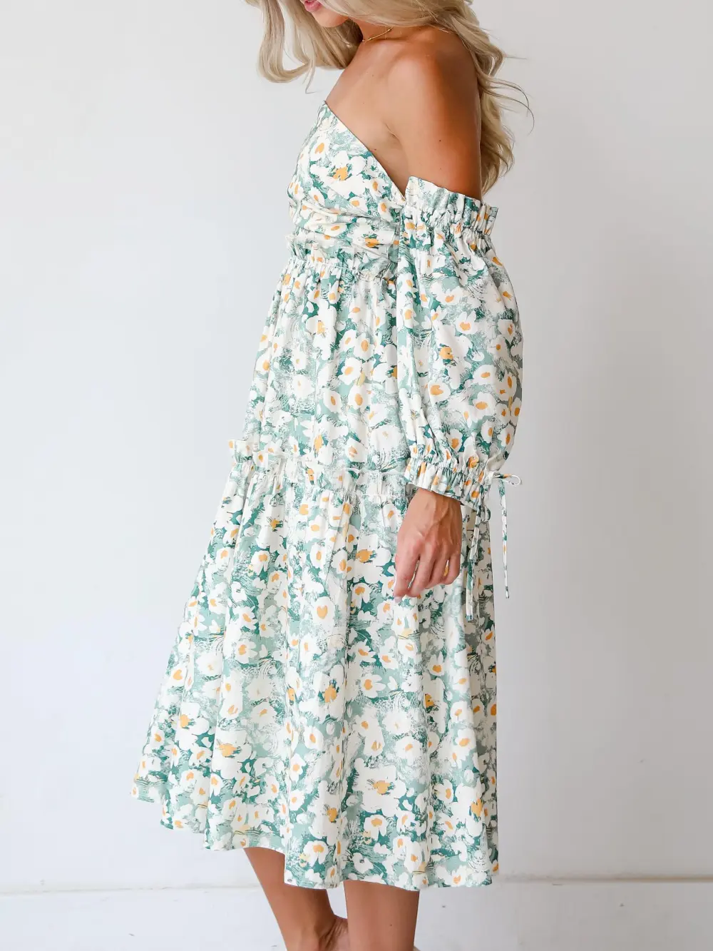 Delightful Aspect Sage Floral Off-The-Shoulder Midi Dress