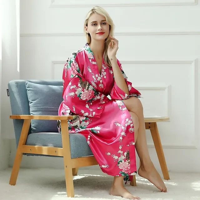 Women's Robes Gown Bathrobes Pure Color Simple Comfort Home Party Wedding Party Spandex Gift Long Sleeve Belt Included Spring Summer Navy Blue