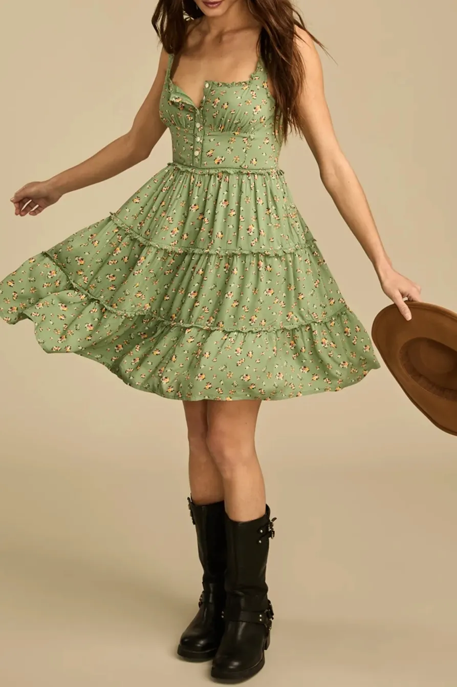 Green Floral Tiered Ruffle Corset Midi Dress