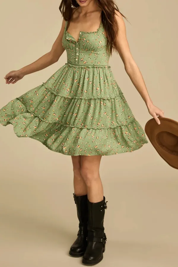 Green Floral Tiered Ruffle Corset Midi Dress