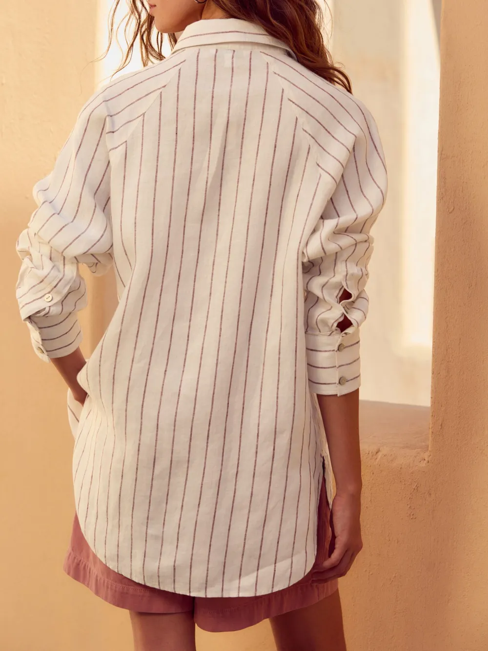 Ecru Palm Print Linen Flat Collar Loose Long Sleeve Shirt