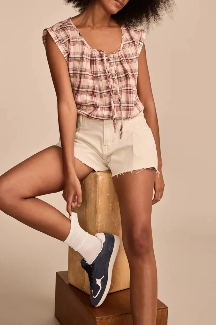Red Plaid Sleeveless Buttondown Blouse