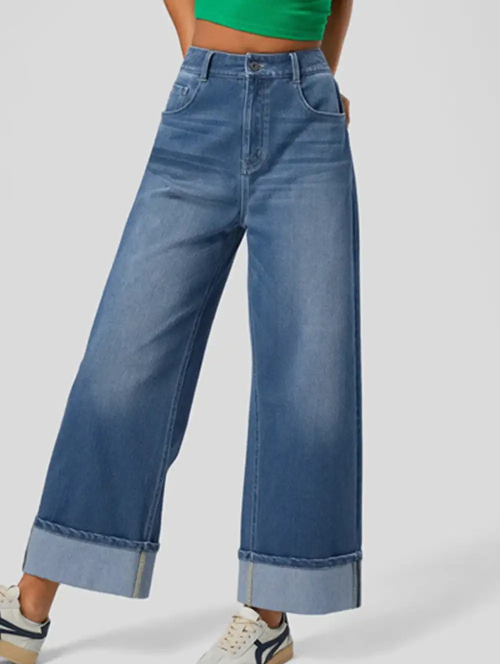 Casual Rolled-Up Wide-Leg Jeans