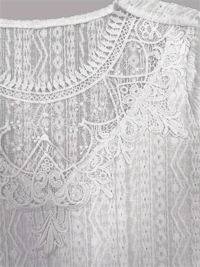 Women's Shirt Blouse Black White Pink Plain Lace 3/4 Length Sleeve Casual Vintage Fashion Basic Round Neck Regular Fit