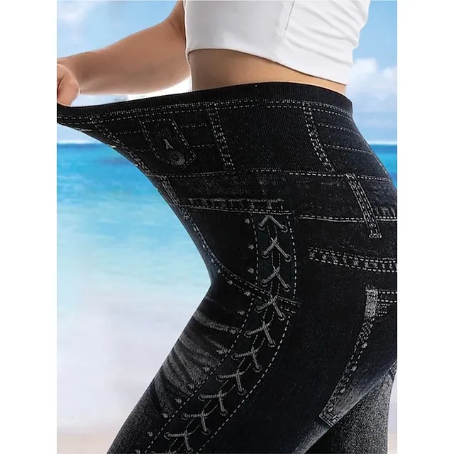 Women's Tights Pants Trousers Full Length Faux Denim Stretchy High Waist Fashion Casual Weekend Black Blue S M