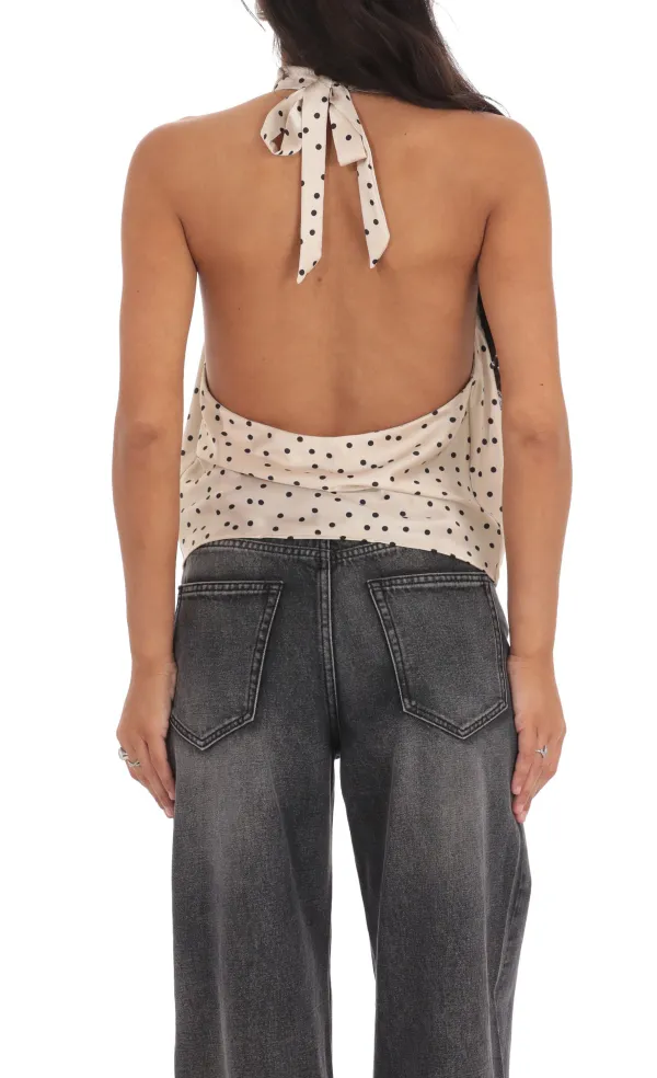 Mock Neck Polka Dot Top in Beige