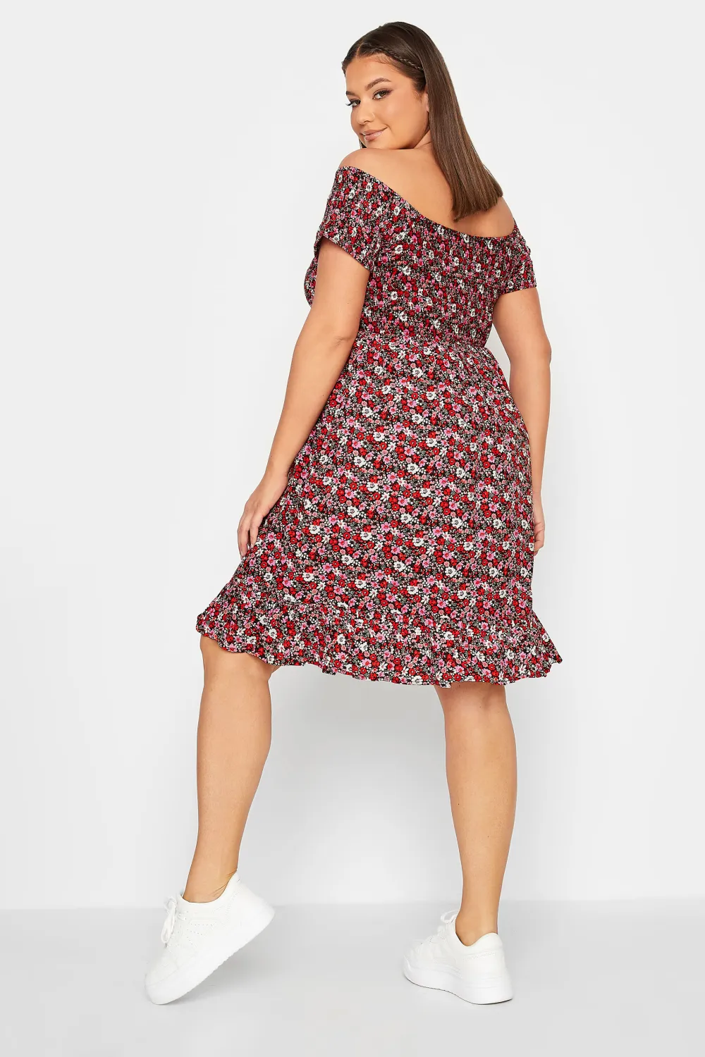 YOURS Curve Pink Floral Shirred Bardot Mini Dress