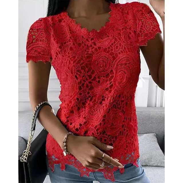 Women's Shirt Blouse Black White Pink Plain Lace Short Sleeve Casual Vintage Fashion Basic Round Neck Regular Fit