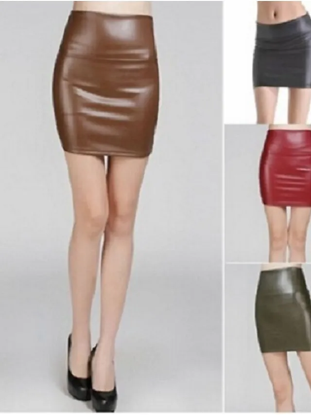 Women's Pencil Bodycon Work Skirts Mini Faux Leather Black Red Brown Skirts Spring High Waist Sexy Daliy S M L