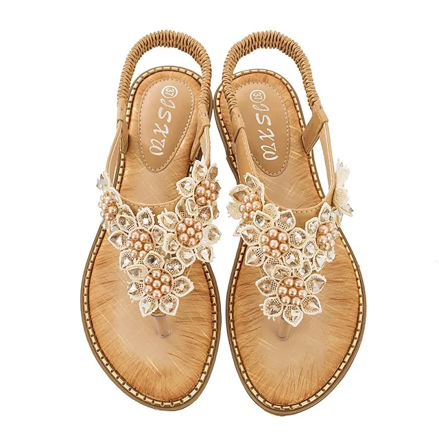Women's Sandals Flat Sandals Party Beach Summer Rhinestone Flat Heel Round Toe Open Toe Elegant Casual PU Leather Elastic Band Solid Colored Almond Black White