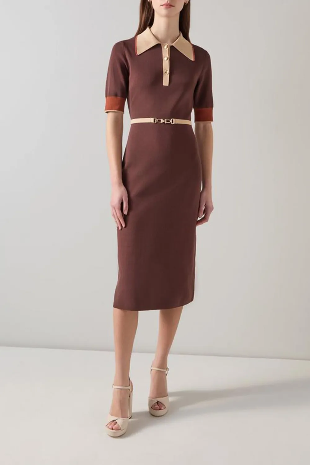 Brown Contrast Collar Short Sleeve Midi Dress