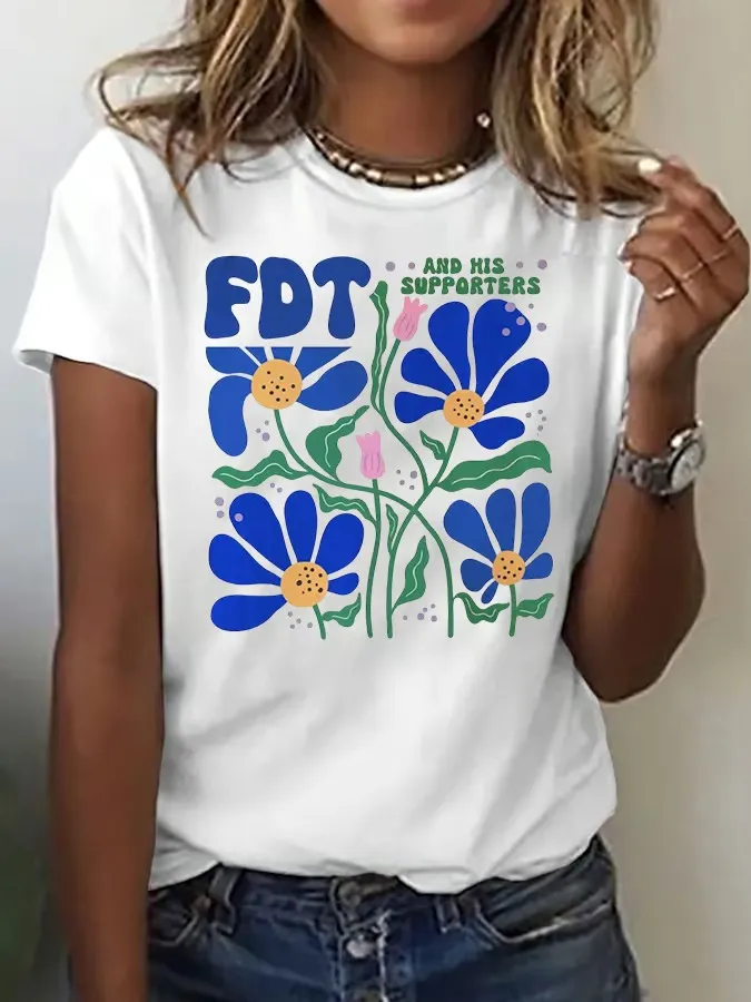 Women'S T-Shirt Women'S Printed T-Shirt Art Print Round Neck Pure Cotton Short Sleeve