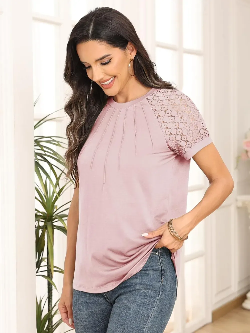 AUTOMET Womens Tshirts Trendy Fashion Tops Lace Short Sleeve Business Tee Shirts Casual Knitted Blouses Summer Outfits 2024