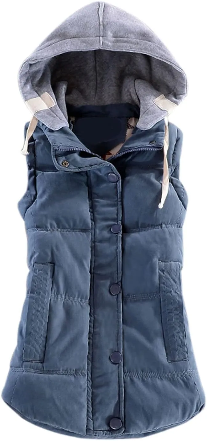 Women's Slim Sleeveless Quilted Removable Hooded Winter Puffer Vest Coat