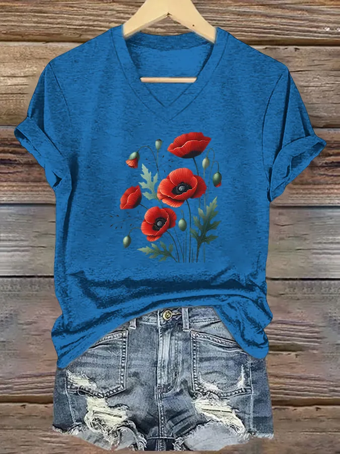 Floral Pattern V-Neck Short-Sleeved T-Shirts