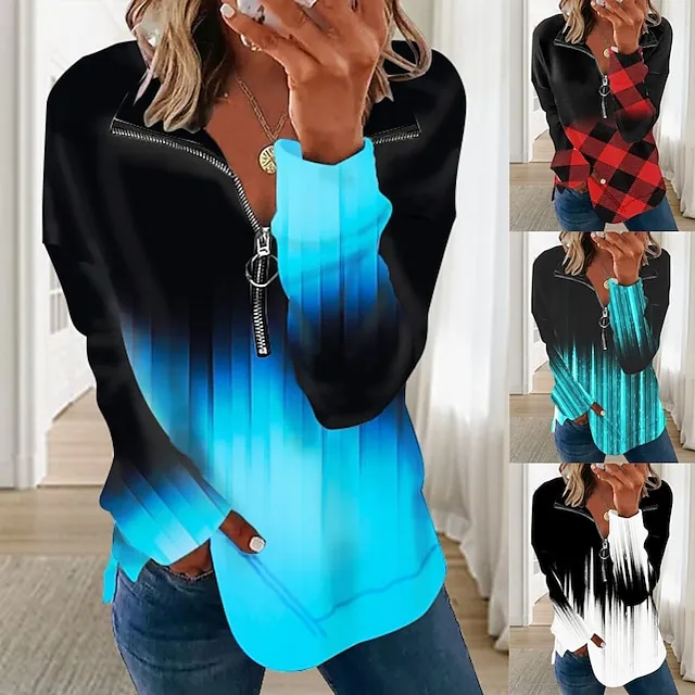 Women's Sweatshirt Pullover Plaid Color Block Basic Zipper White Red Blue Street Casual V Neck Long Sleeve Top Micro-elastic Spring Winter Fall & Winter