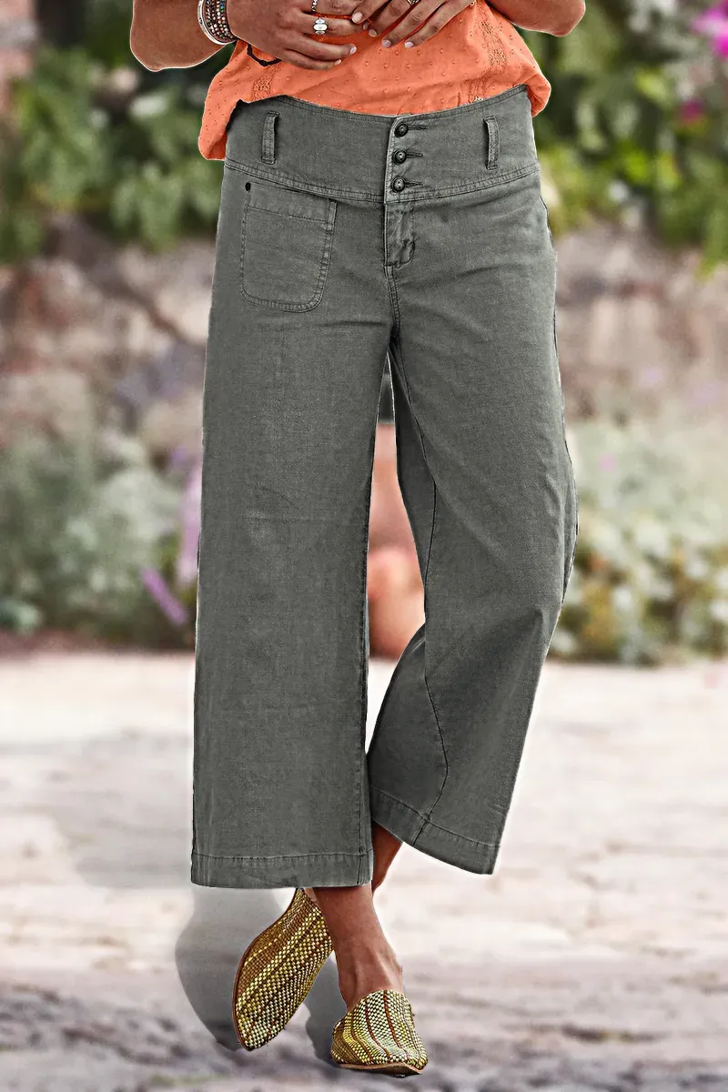 Solid Button Up Wide Leg Crop Jeans