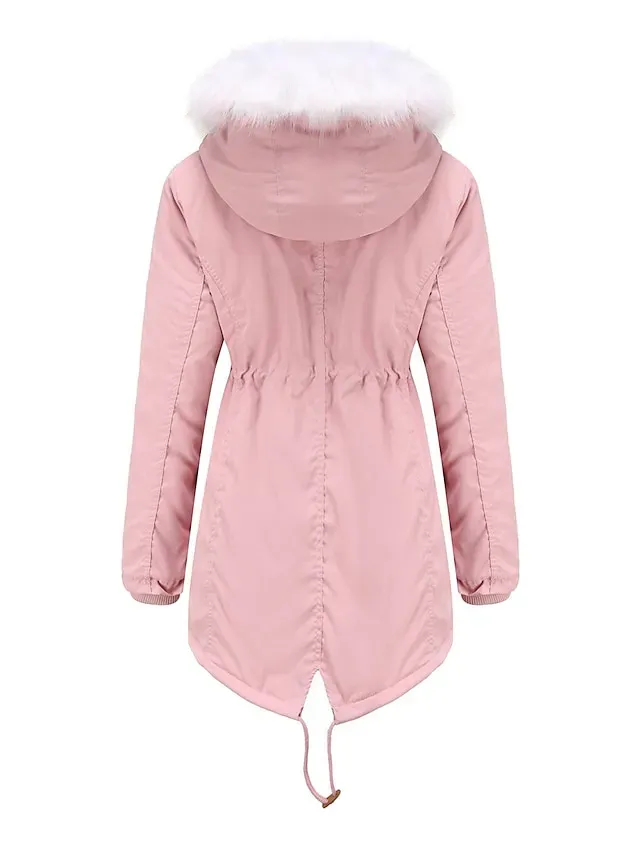 Women's Parka Puffer Coat Thermal Warm Winter Coat Windproof Heated Coat with Fur Collar Fall Zip up Drawstring Fleece Jacket with Pockets Outerwear Pink Black Pink Mid-Length