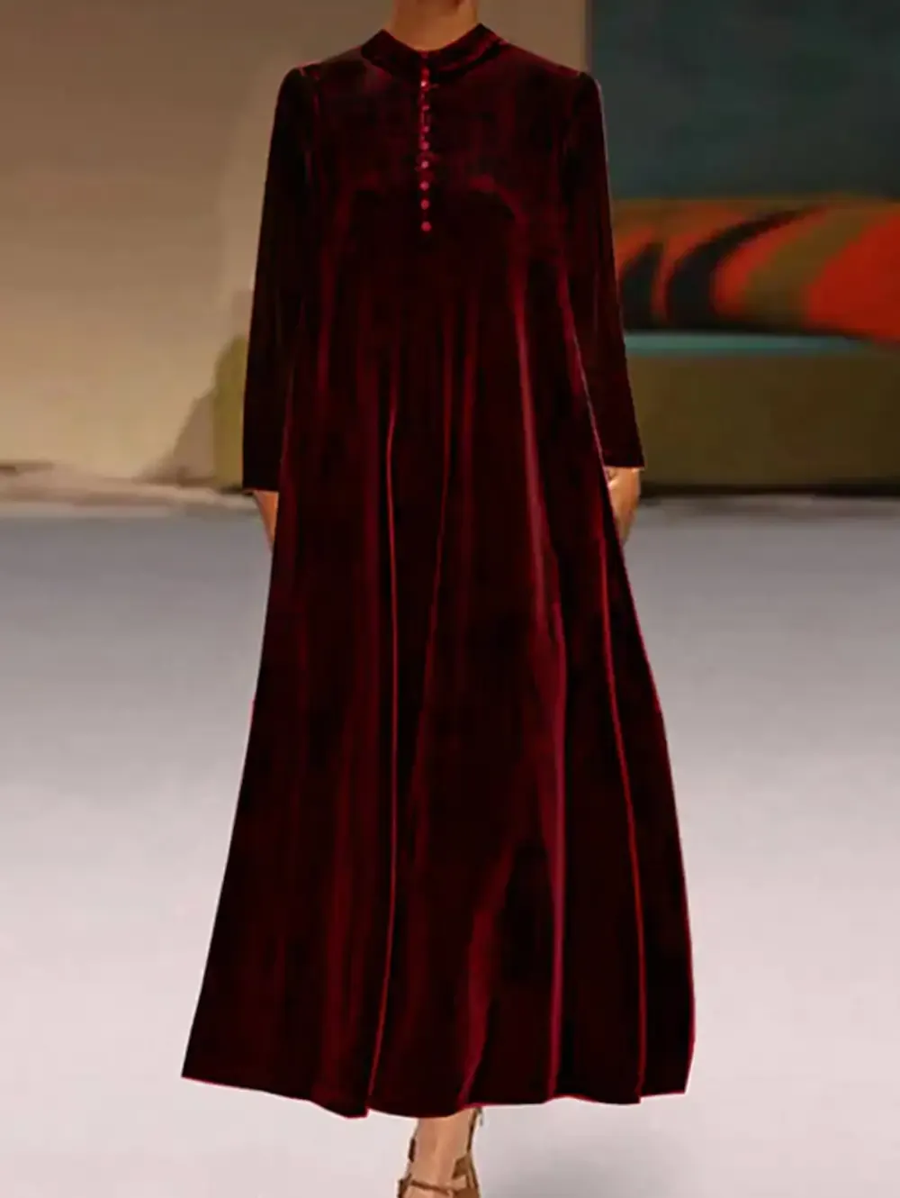 Mock Neck Buttoned  A-line Velvet Midi Dress