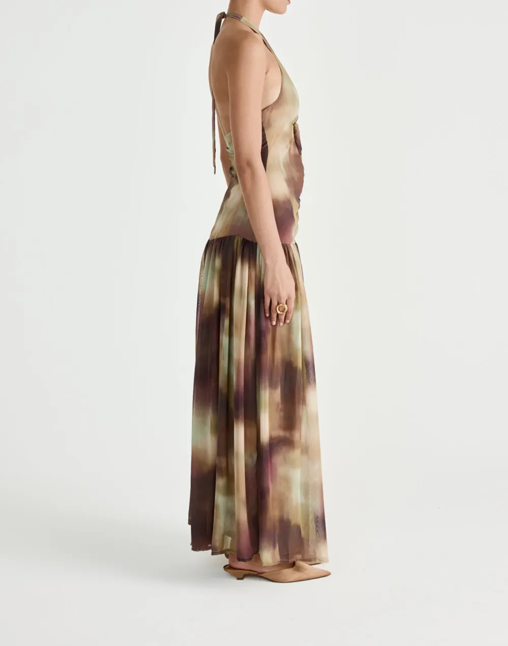 Flowy Pleated Open-Back Deep-V Dress