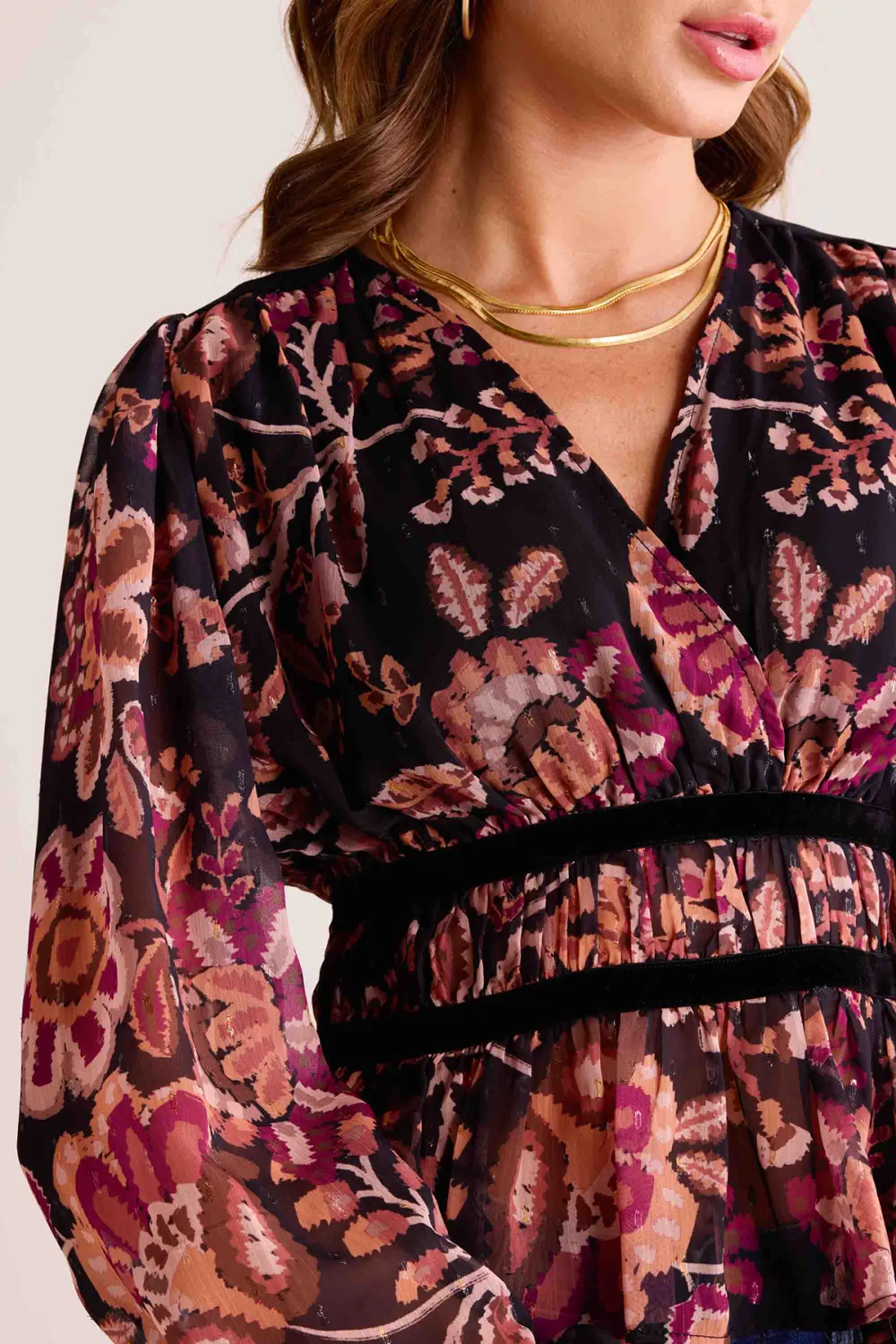 Floral Print Velvet Trim Belted Long Sleeve Blouse