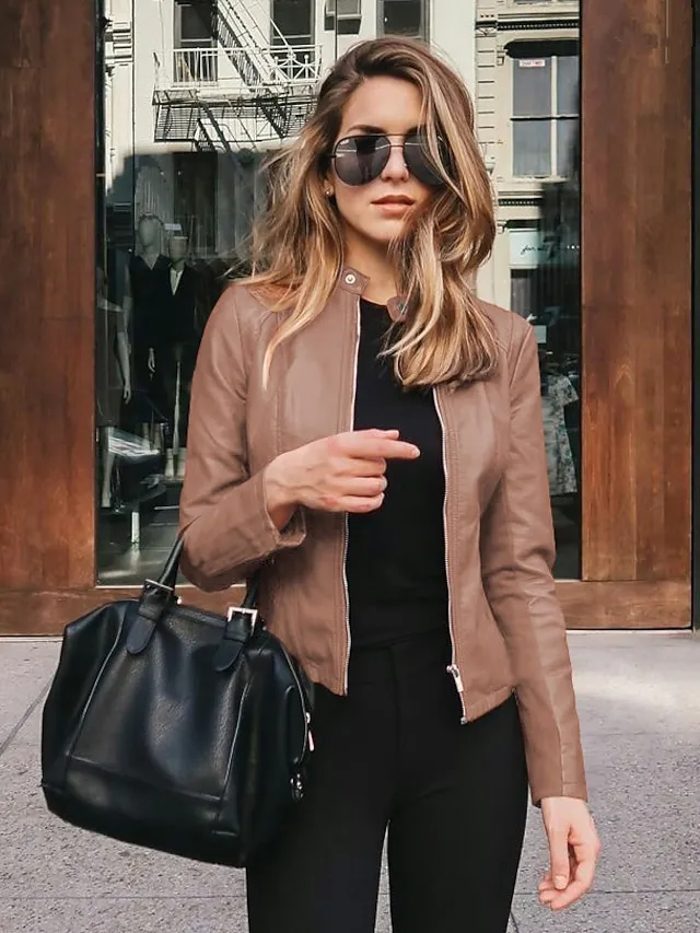 Women's Faux Leather Jacket Clean Fit Faux Motorcycle Moto Biker Coat Plus Size Short Zipper Jacket Light Pink Navy Wine Red ArmyGreen  Chic & Modern Street Fall Collarless Slim Fit S M L XL XXL XXXL