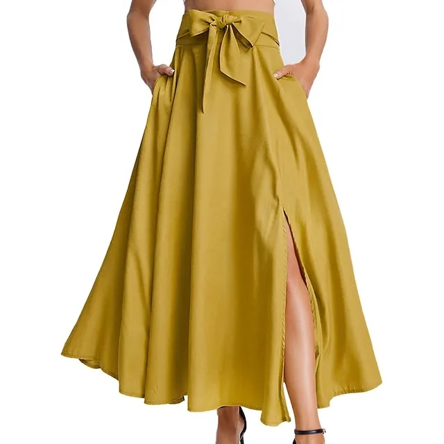 Women's Skirt Swing Work Skirts Long Skirt Maxi Cotton Blend Yellow Red Orange Skirts Autumn / Fall Streetwear Weekend S M L