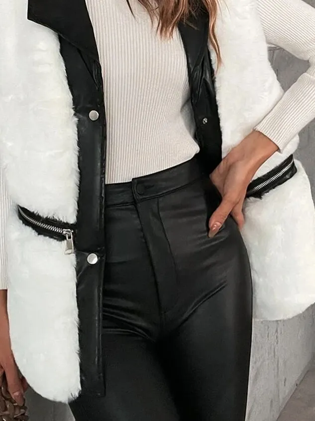 Loose Plain Casual Fluff/Granular Fleece Fabric Color Block Vest