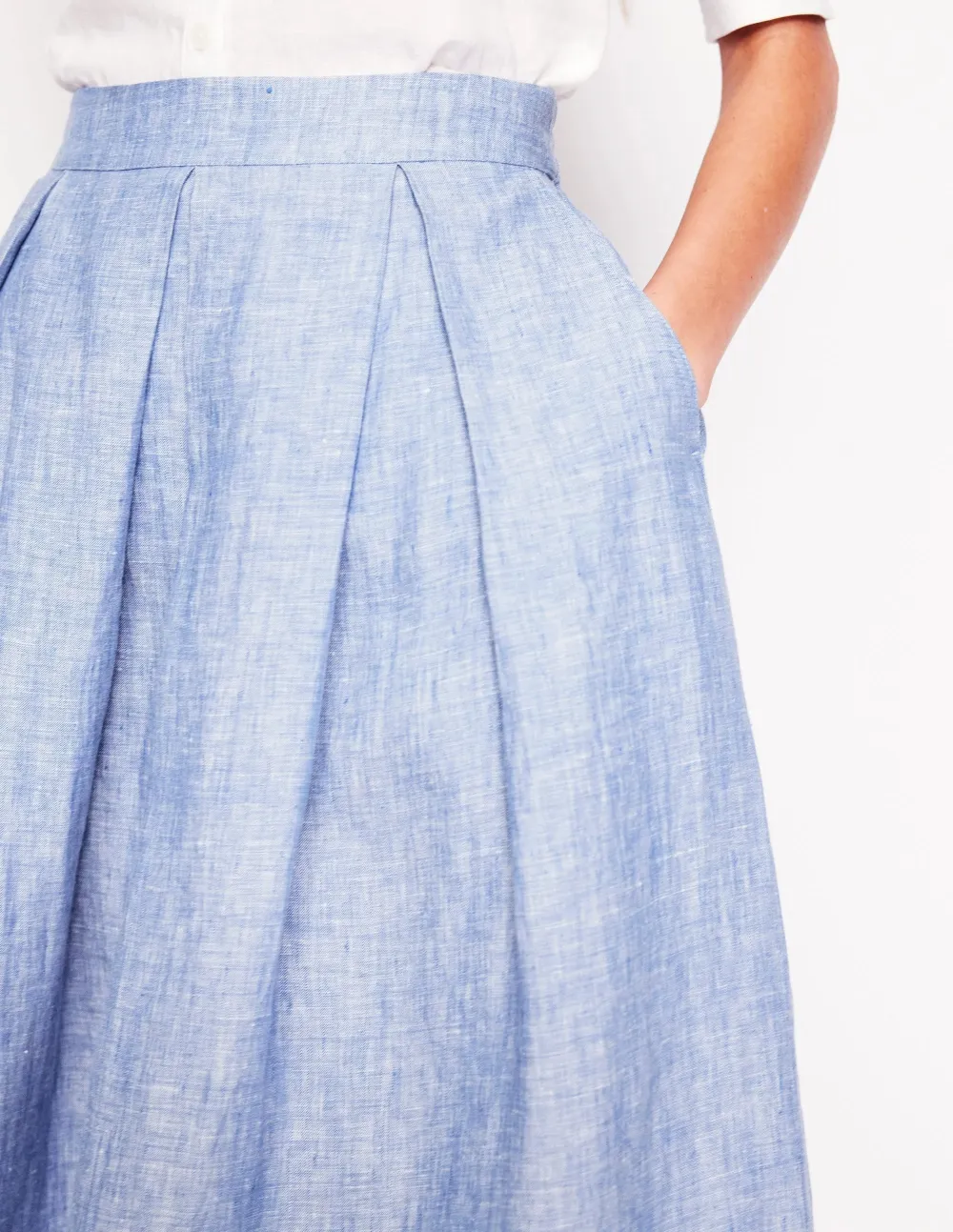 Linen Midi Skirt -Grey Blue Chambray