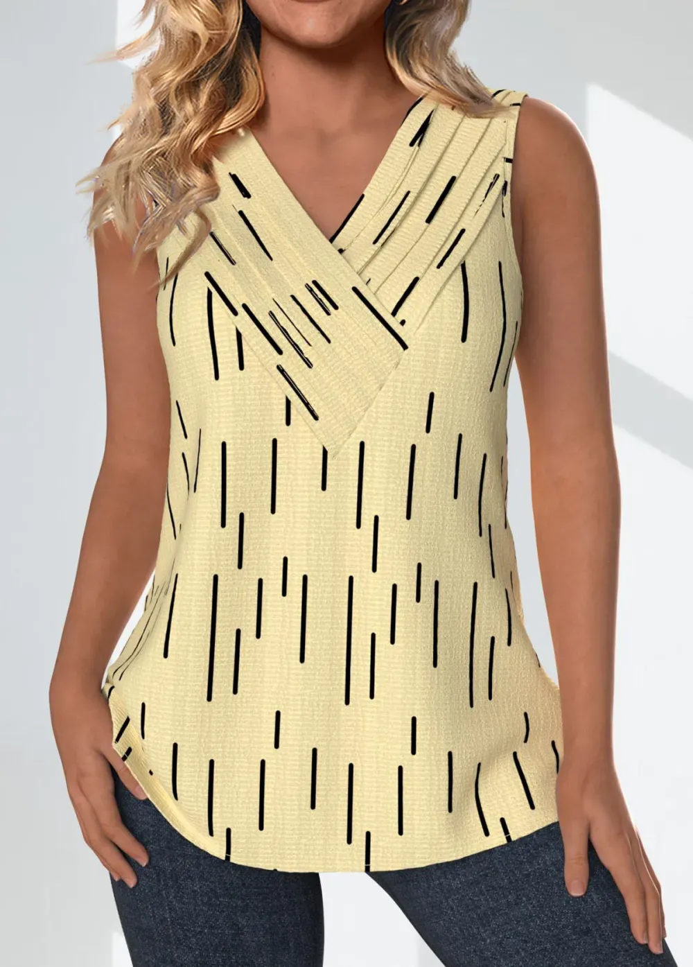 Light Yellow Surplice Geometric Print Sleeveless Tank Top