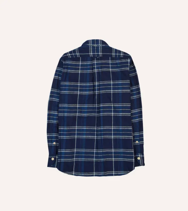 Blue Check Cotton Long Point Collar Work Shirt Casual Style