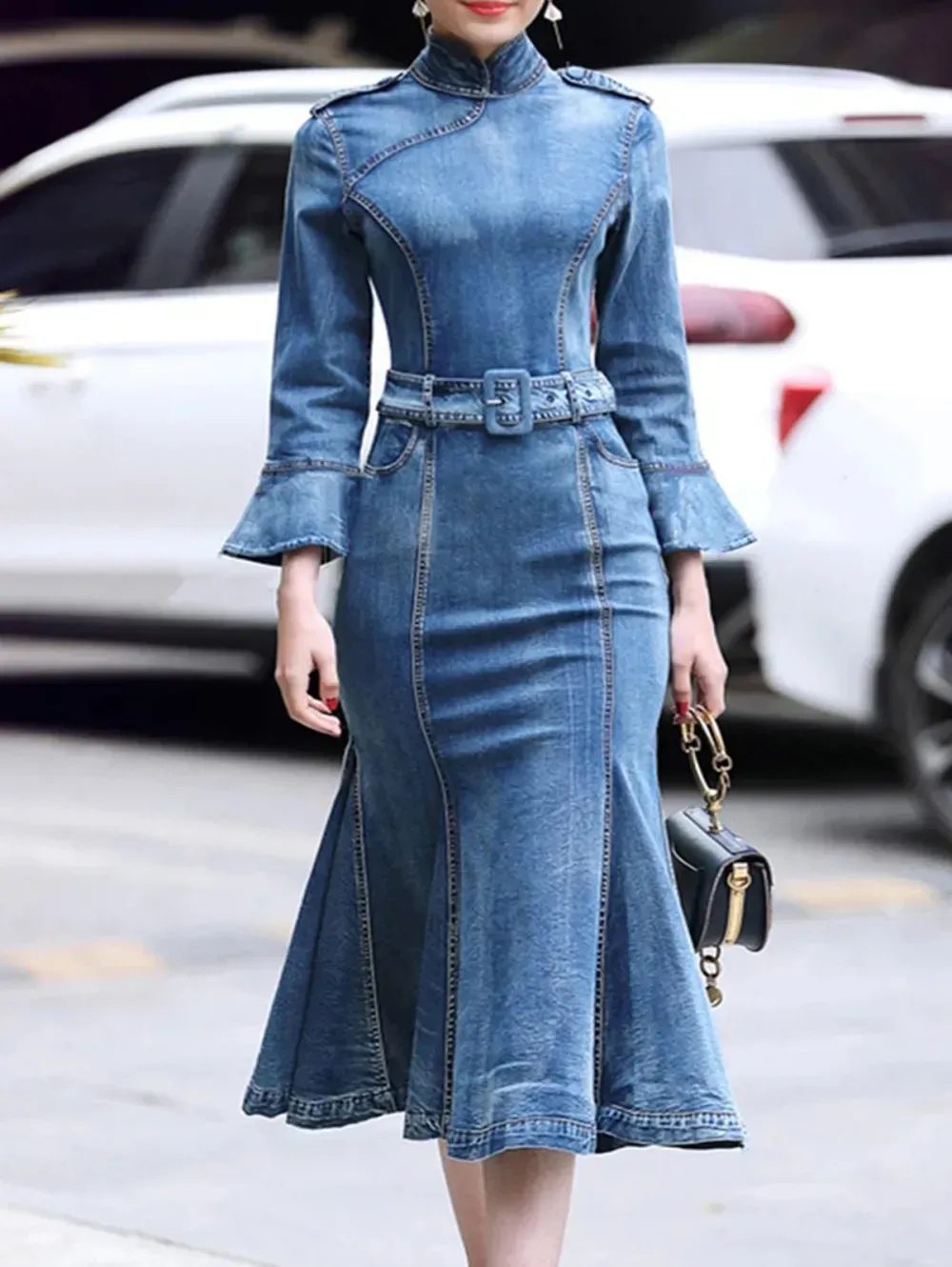 Casual Stand Collar Ruffle 3/4 Sleeve Denim Midi Dress