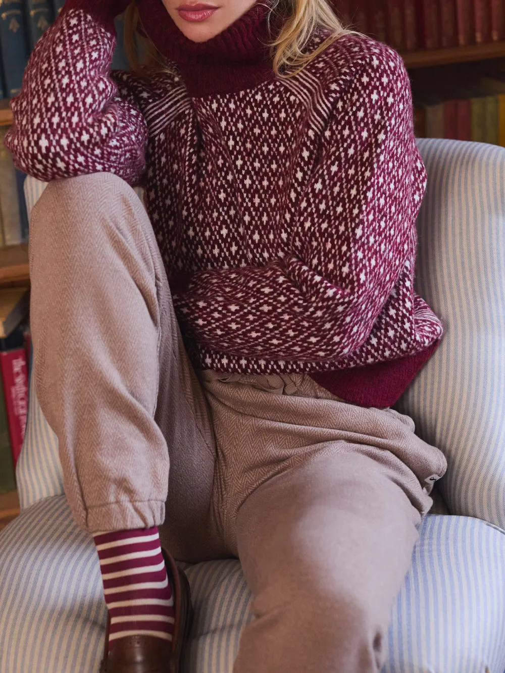 Cream/Navy Patterned Jumper with Detachable Roll Neck