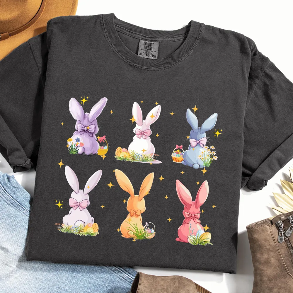T-shirt Easter Colorful Bunny And Eggs Women Printed Round Neck Short Sleeve