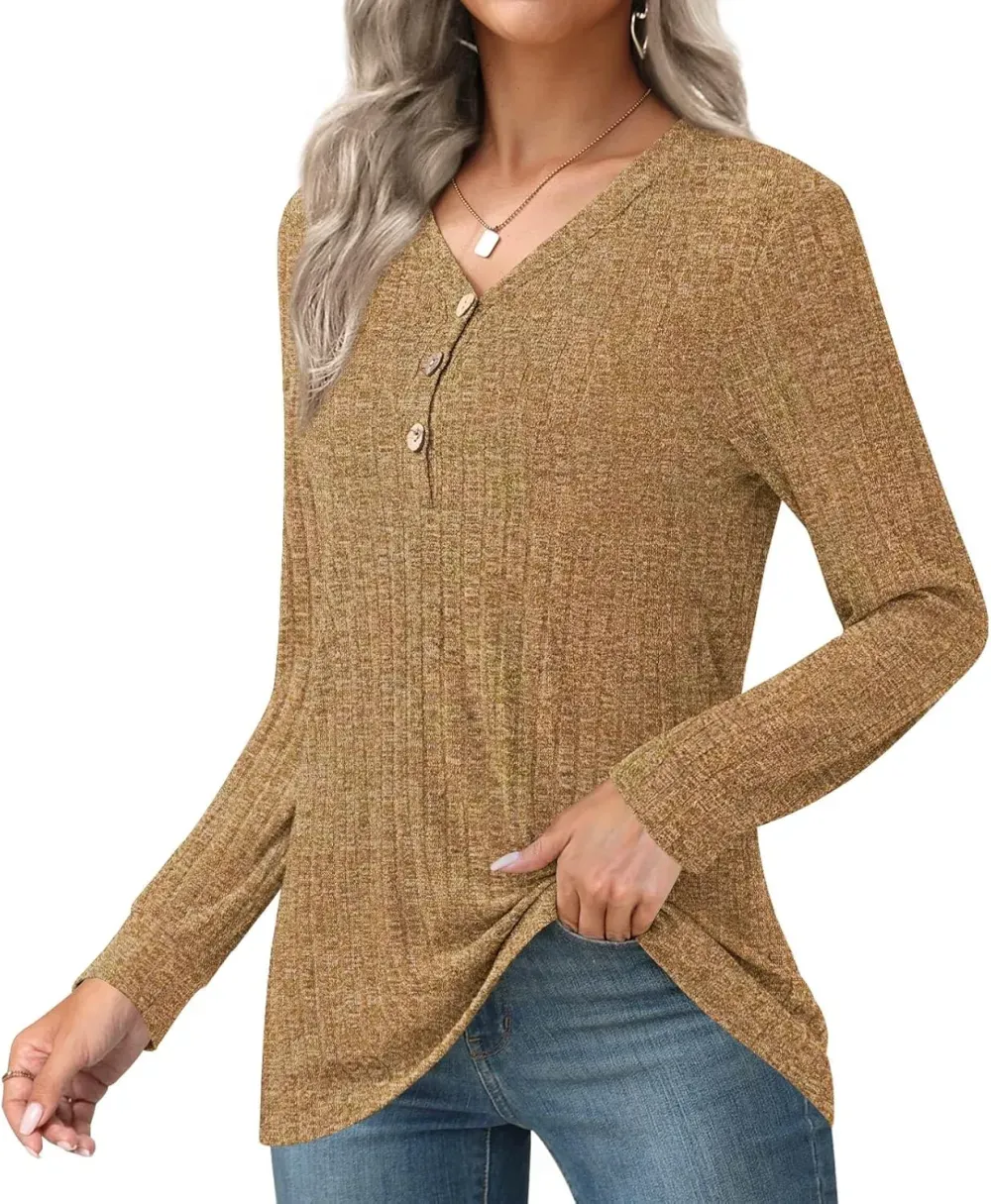 HOTGIFT Womens 2024 Fall Winter Tunic Tops Long Sleeve Casual T-Shirts Soft Comfy Stripe Blouse Lightweight