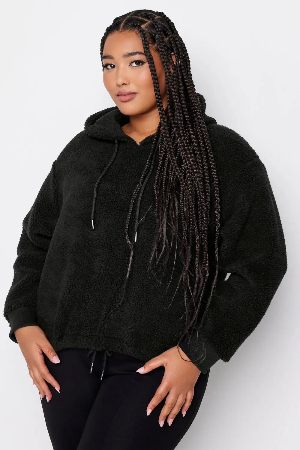 YOURS Curve Black Teddy Cropped Fleece Hoodie