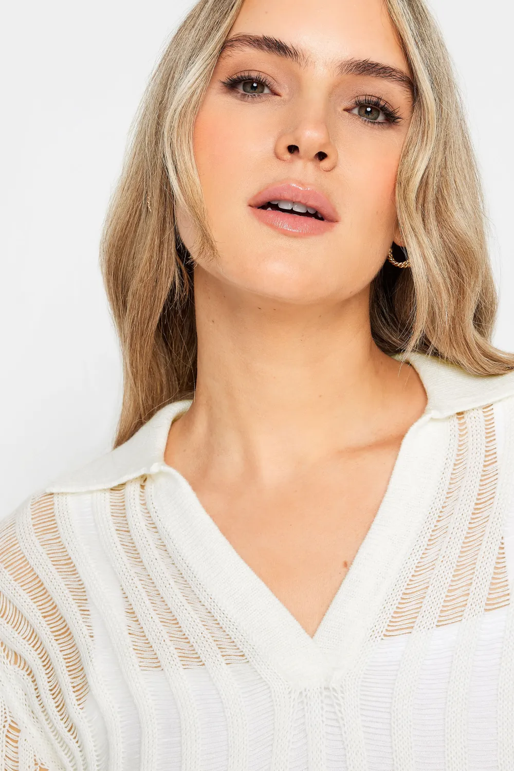 LTS Tall Ivory White Collared Crochet Jumper