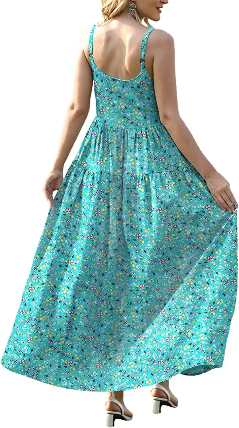 Summer Dresses for Women Casual Loose Bohemian Floral Dress with Pockets Spaghetti Strap Maxi Dress E75
