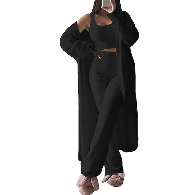Women's Loungewear Sets Fluffy Fuzzy Sweatsuit 3 Pieces Pajama Pure Color Warm Fashion Simple Party Home Street Fleece Crew Neck Sleeveless Crop Top Pant Elastic Waist Winter Fall Black Camel