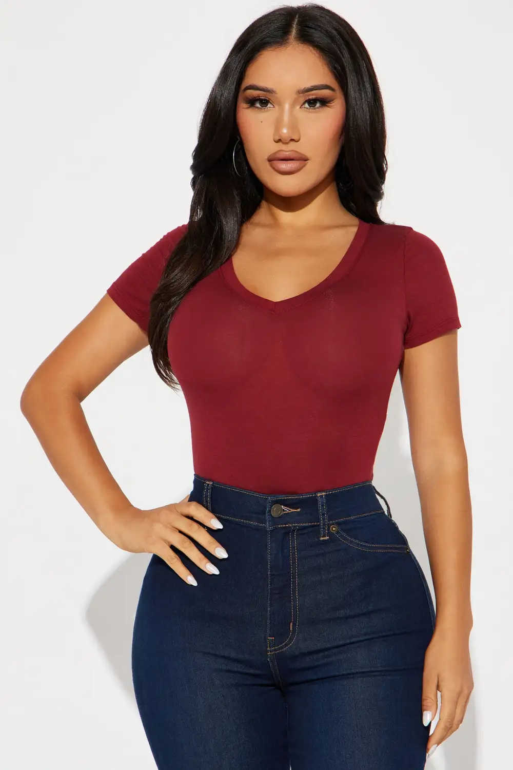 Jess V Neck Short Sleeve Top - Burgundy