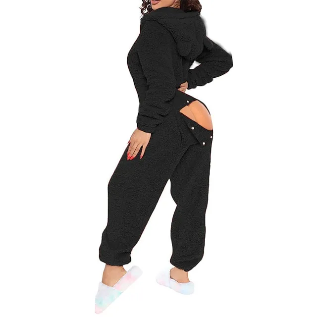 Women's Plush Onesie Christmas Pure Color Warm Fashion Home Xmas Daily Bed Polyester Warm Hoodie Long Sleeve Hole Fall Winter Black Pink