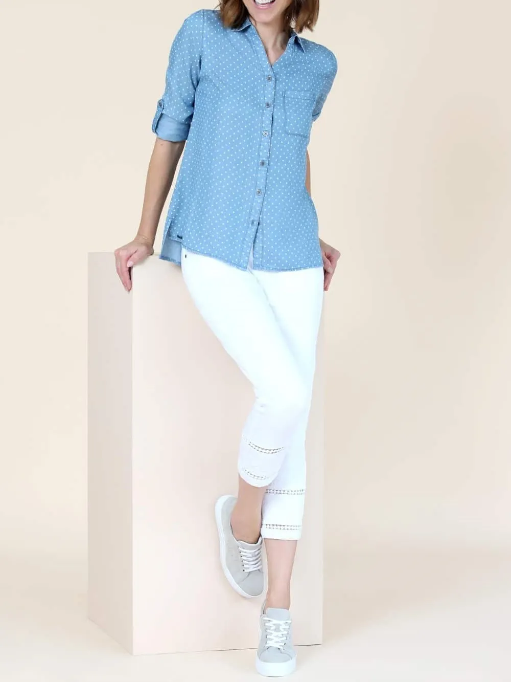 Light Blue Polka - Dot Roll - Sleeve Shirt