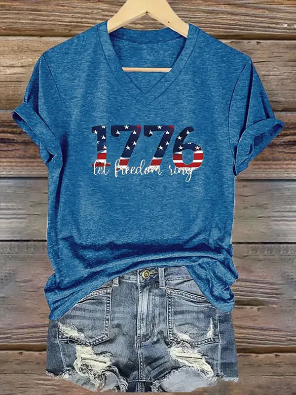Women's America 1776 Land Of The Free Print Short Sleeve Round Neck Cotton T-Shirt