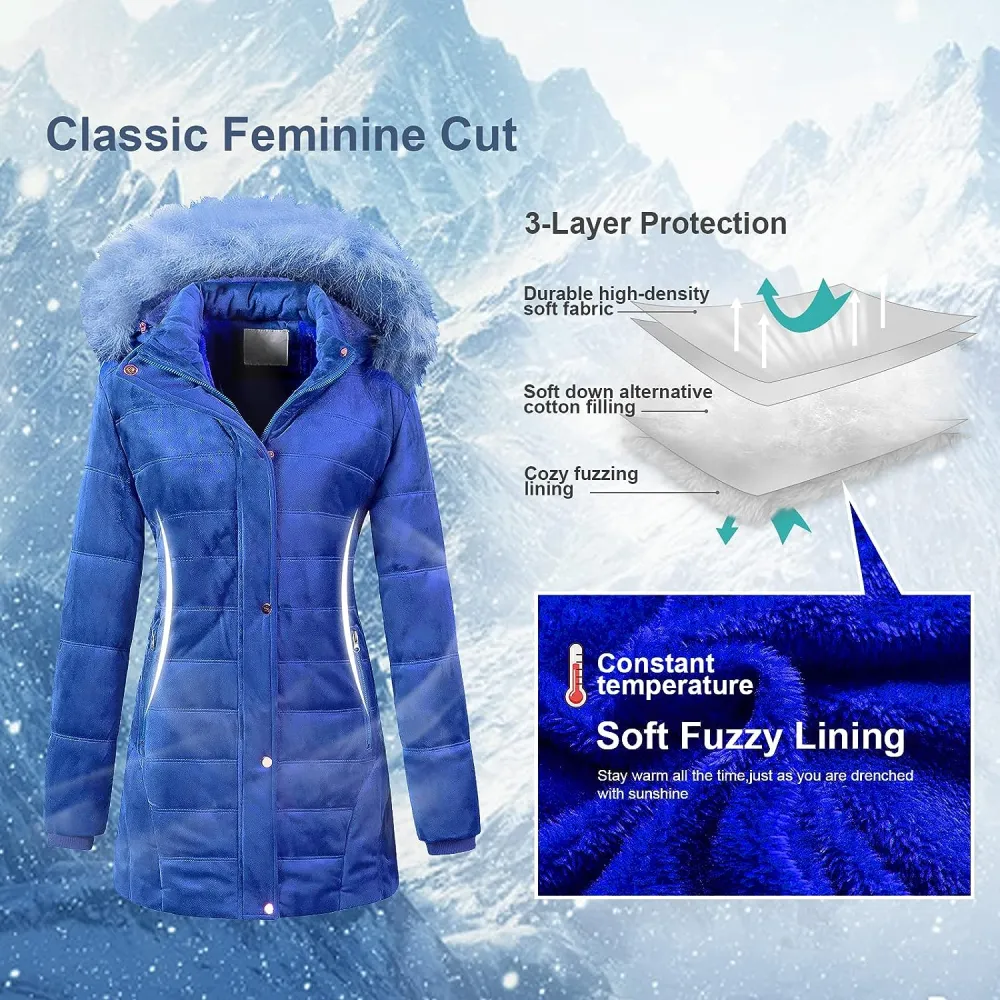 Women's Warm Winter Coat Velvet Puffer Jacket Quilted Faux Fur Hood