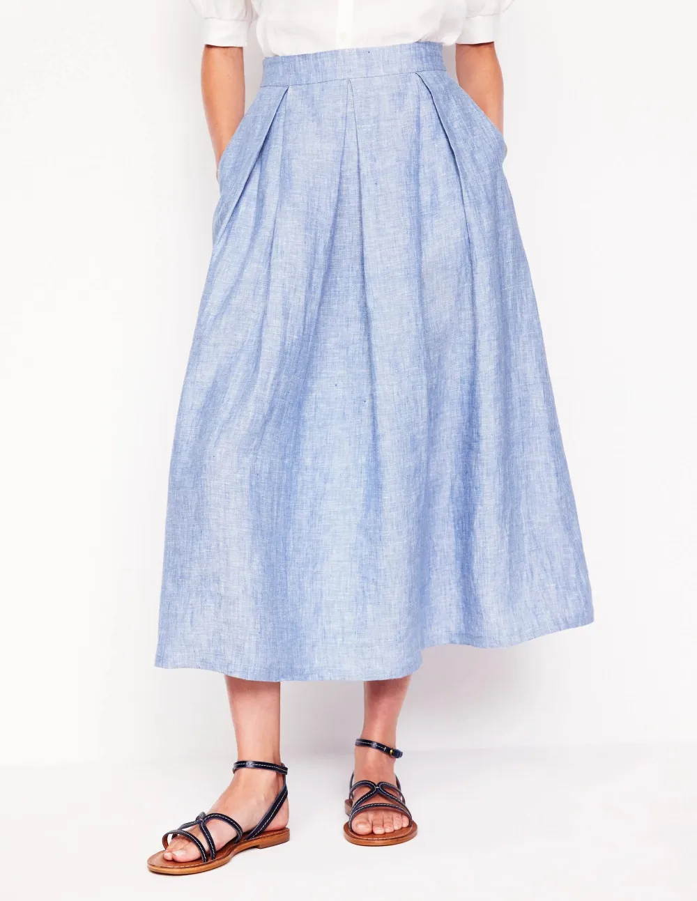 Linen Midi Skirt -Grey Blue Chambray